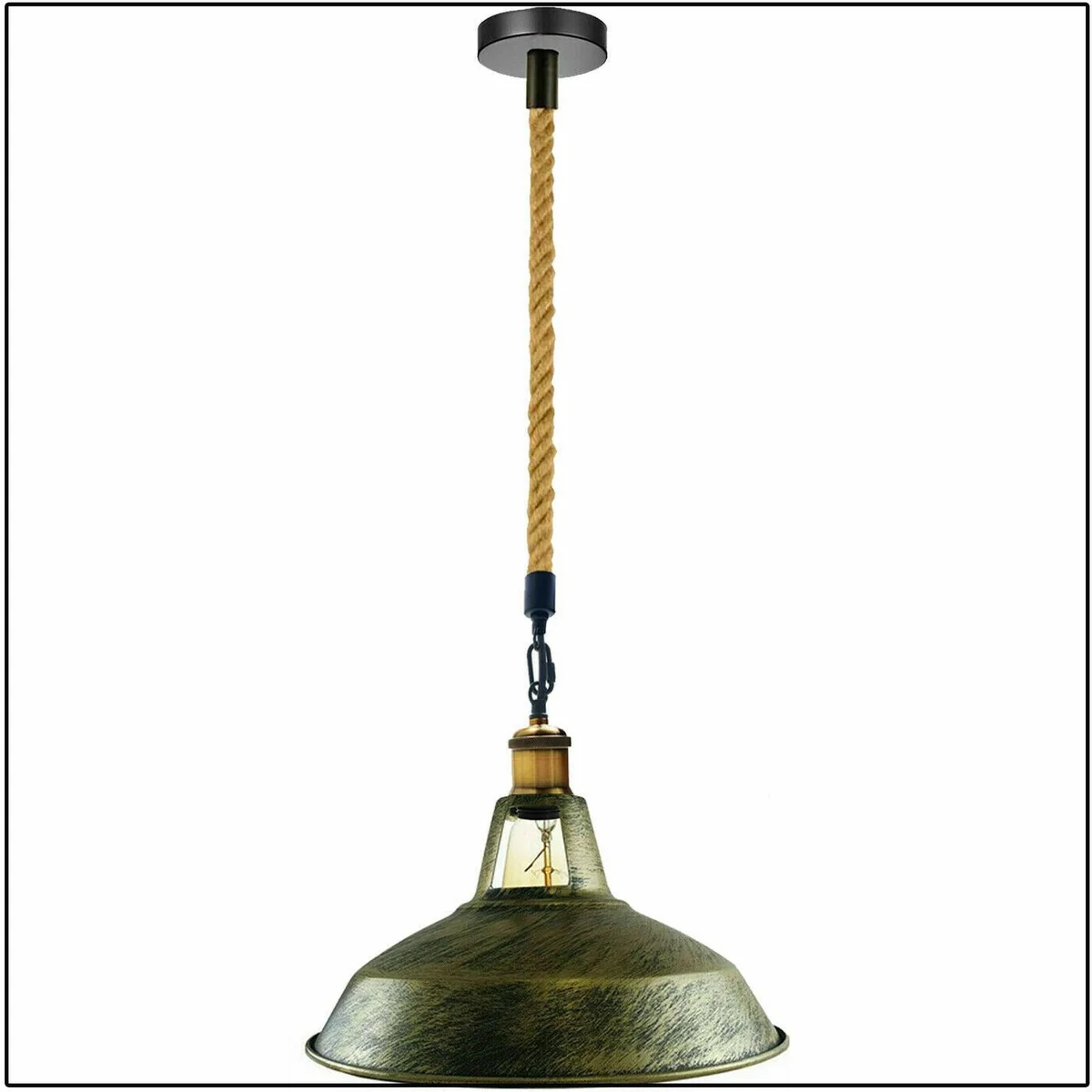 Industrial pendant ceiling light with 30cm matte black metal shade, 1‑m hemp rope wire, hanging from a 10cm ceiling rose.
