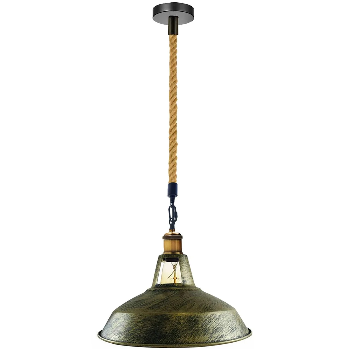 Industrial pendant ceiling light featuring a 30cm matte black metal shade and hemp rope suspension.