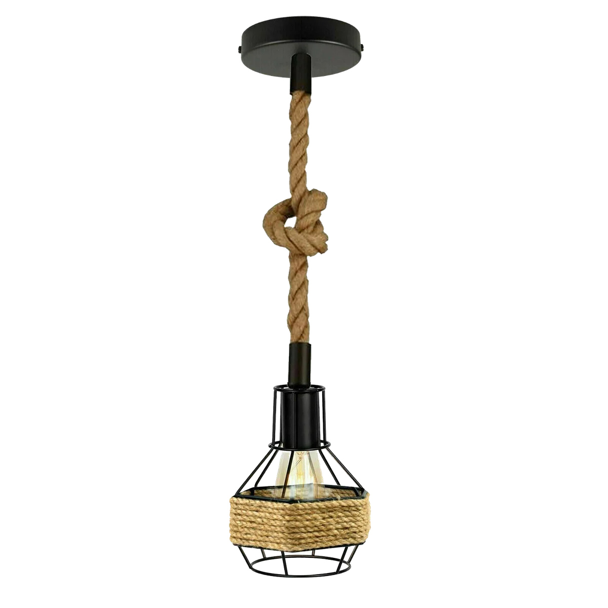 Black metal pendant lamp with 1m hemp rope, E27 base, hanging from ceiling.