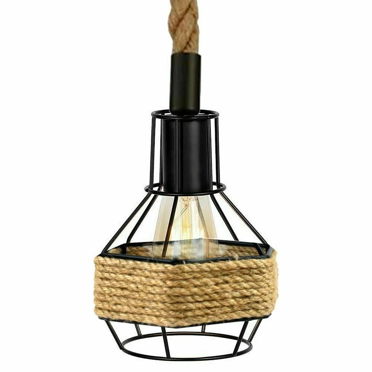 Retro industrial metal pendant light hanging from black metal cup, 1m hemp rope, with optional E27 bulb pendant.