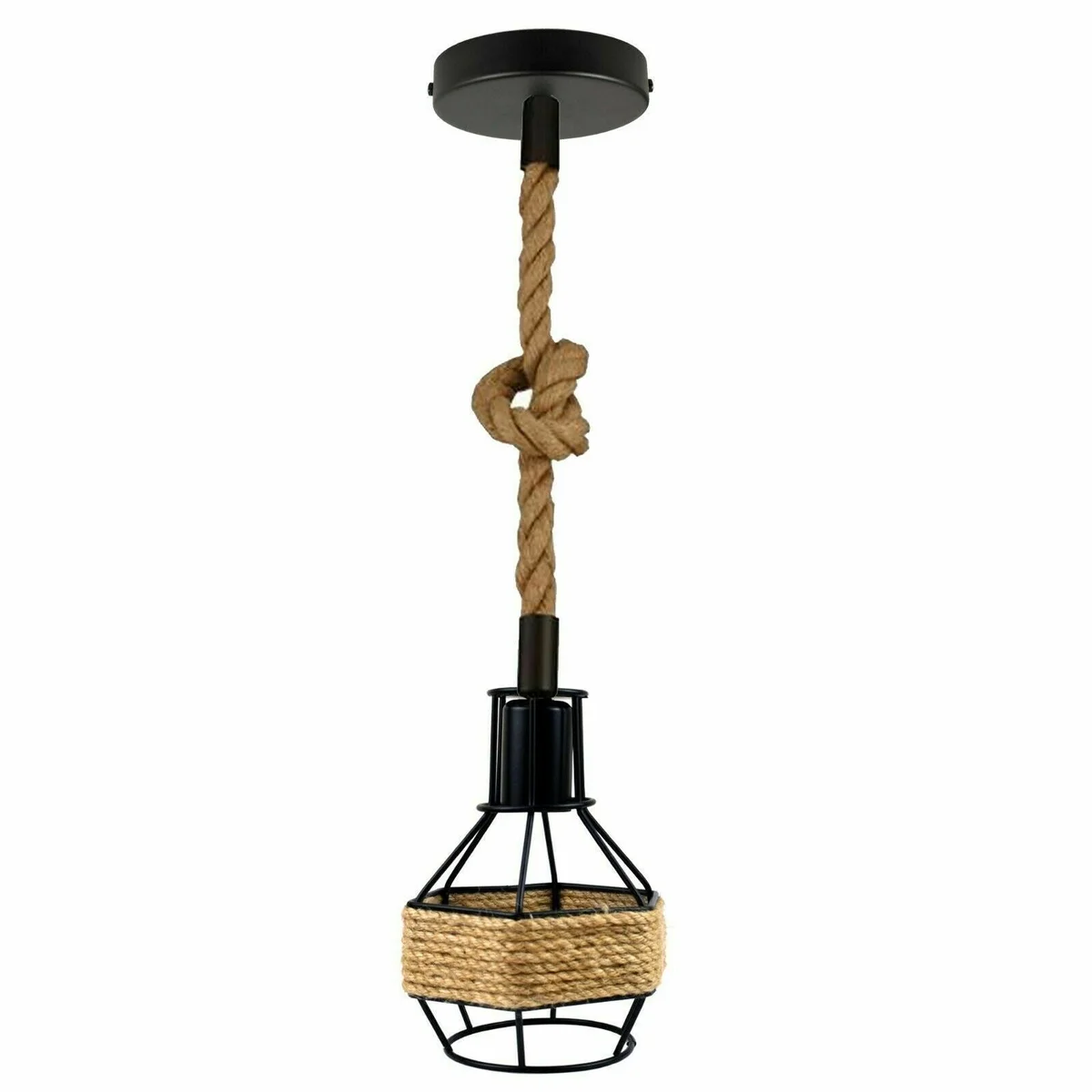 Black industrial hemp rope light hanging from a 10cm metal plate, 1m hemp rope, E27 base, stylish décor.