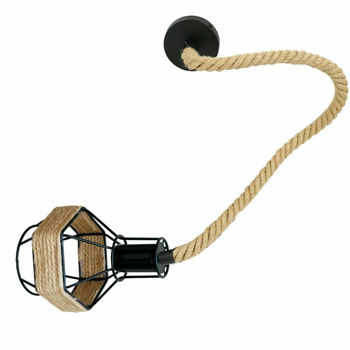 Retro industrial pendant light hanging from black metal frame with 1m hemp rope chain to a 10cm base