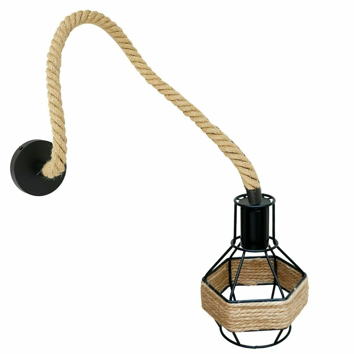 Black retro industrial pendant light with metal frame and 1m hemp rope suspension, featuring E27 lamp base.