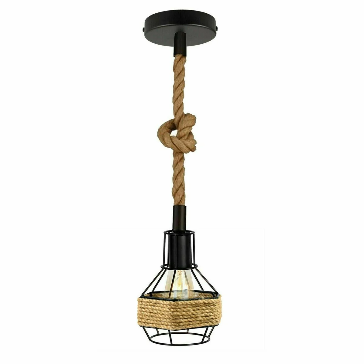 Retro industrial pendant light: black metal fixture with hemp rope halyard, 10cm metal cage and hanging from ceiling.