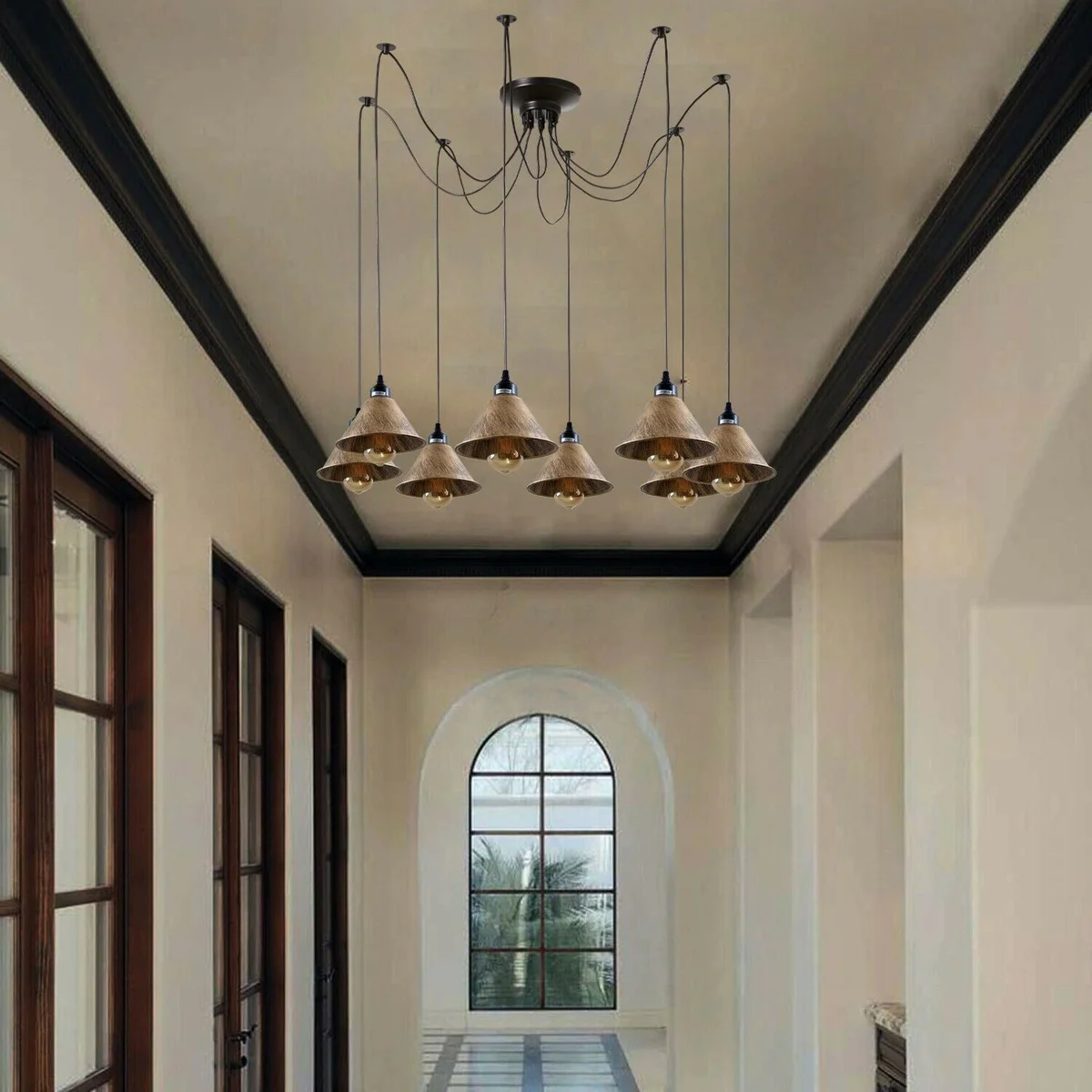Black metal vintage ceiling pendant light with 8 chrome‑metal holders, PVC cable, 2m length, centered on 20cm brass plate