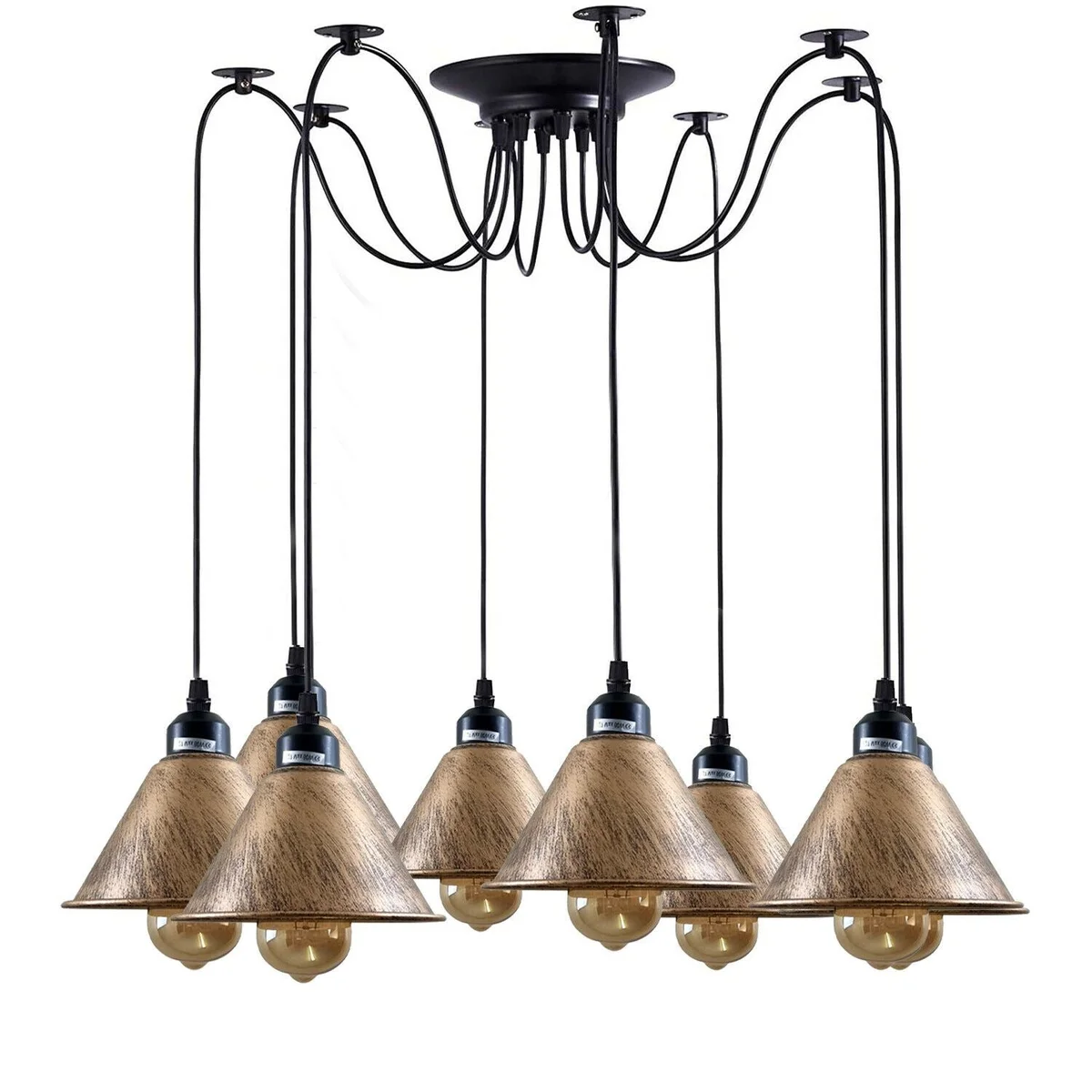 Black industrial pendant light with 8 metal holders and PVC wire, 2m cable, 8 light shades, ceiling mounting plate