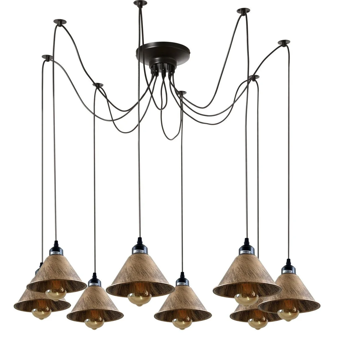 8 way ceiling light with black metal frame, PVC cable, eight hanging shades, vintage loft style.