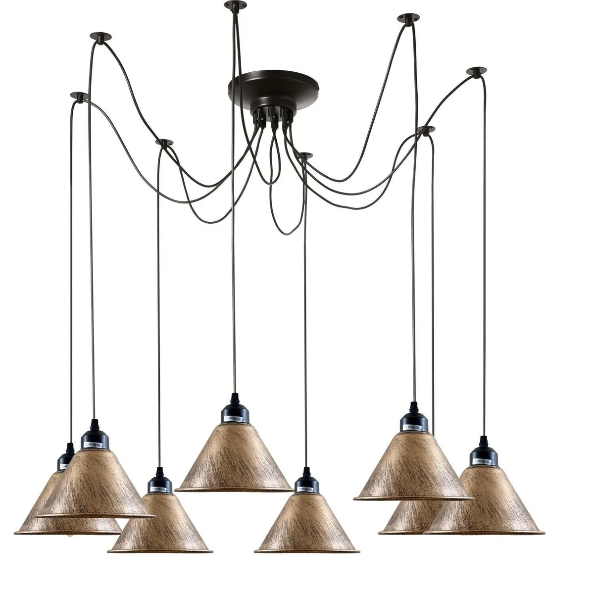 Black metal and PVC 8‑shaped pendant with 8 light shades, hanging 2m above, exemplifying retro loft lighting