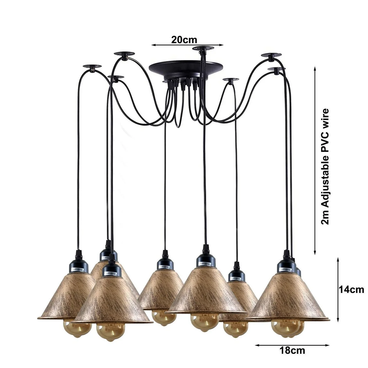 Black metal pendant with eight hanging light holders and a 2m PVC wire, mounted on a 20cm ceiling plate.