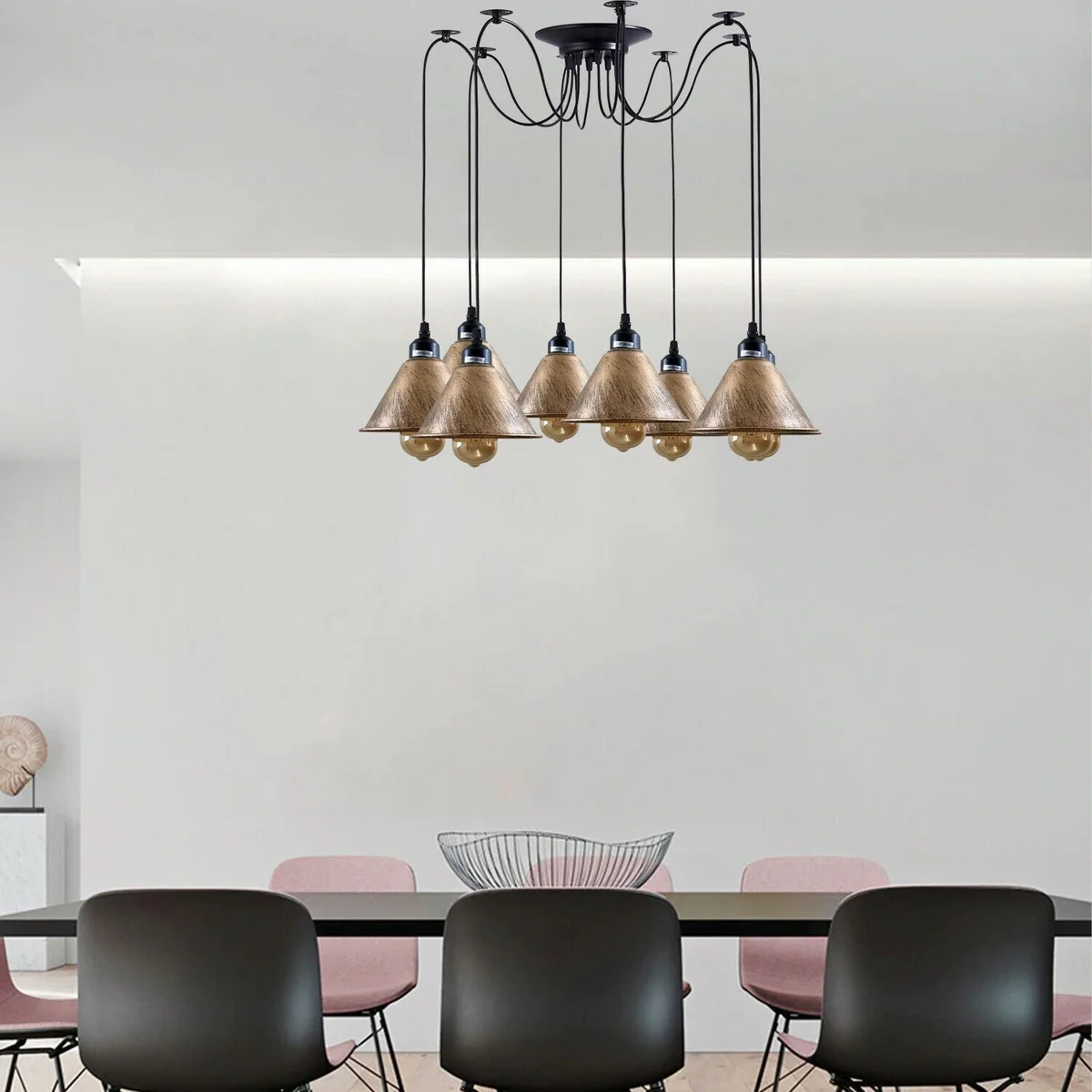 Vintage ceiling pendant light with 8 black metal and PVC wire shades, 2m cable, base and hangers.