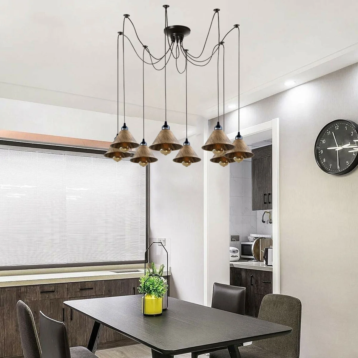 Black 8‑way vintage ceiling pendant light with metal frame, PVC 2m cable, eight LED holders, retro loft design.