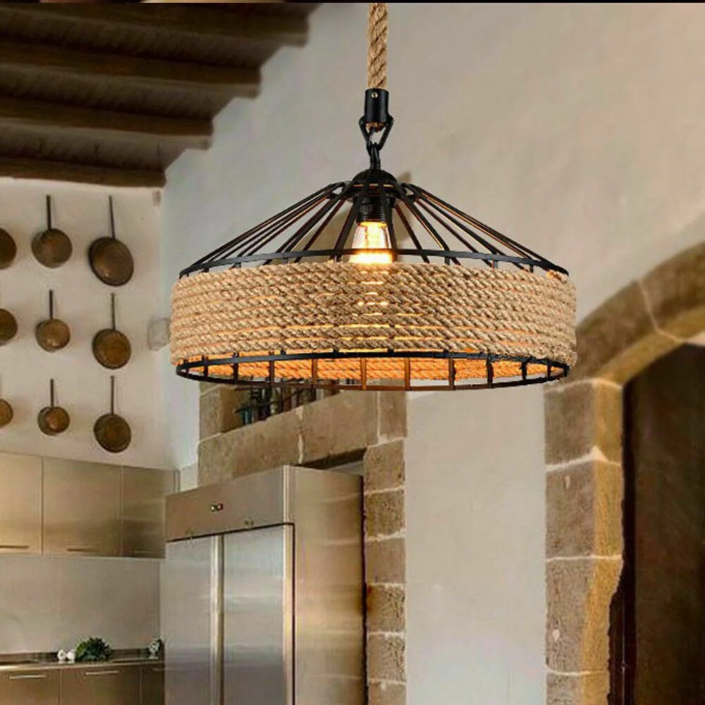 Modern industrial hemp rope pendant light with a woven rope cage, metal hook, and E27 bulb holder, hanging from ceiling