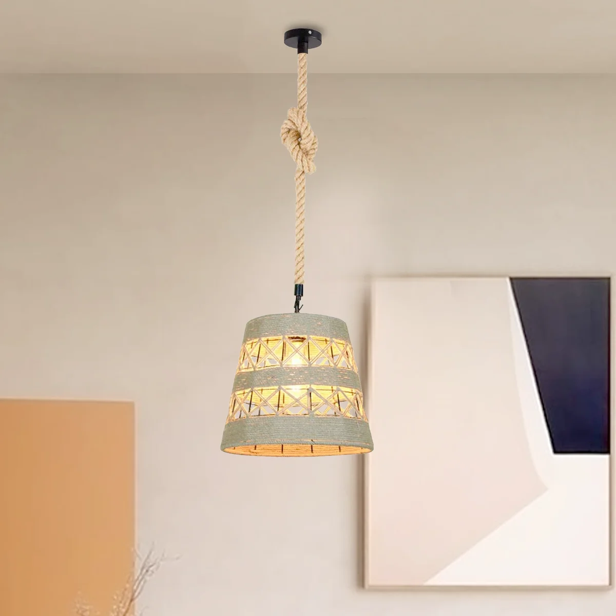 Industrial pendant light with a hemp rope cage, hand‑woven rope and metal hook, mounted on a ceiling.