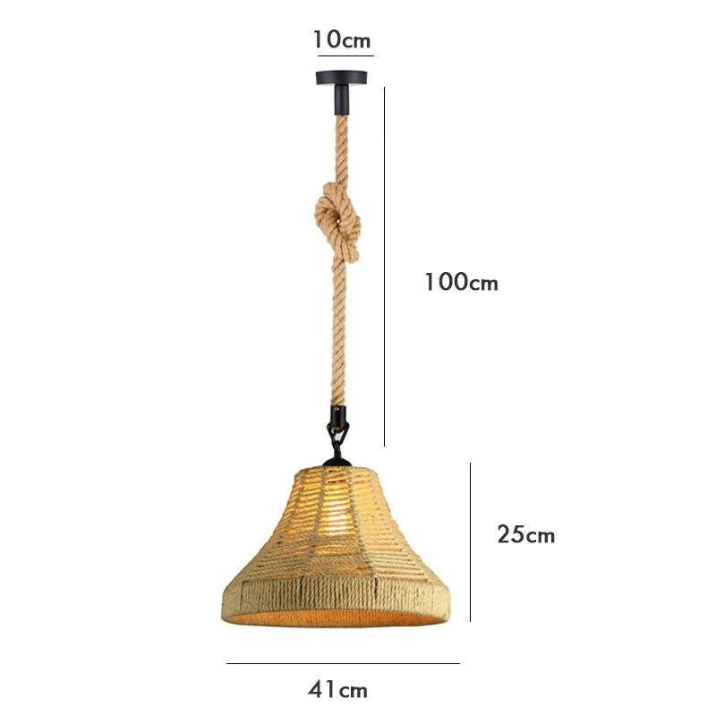 Industrial hemp rope pendant light with cage shade, metal hook, E27 bulb holder light, modern indoor fixture.
