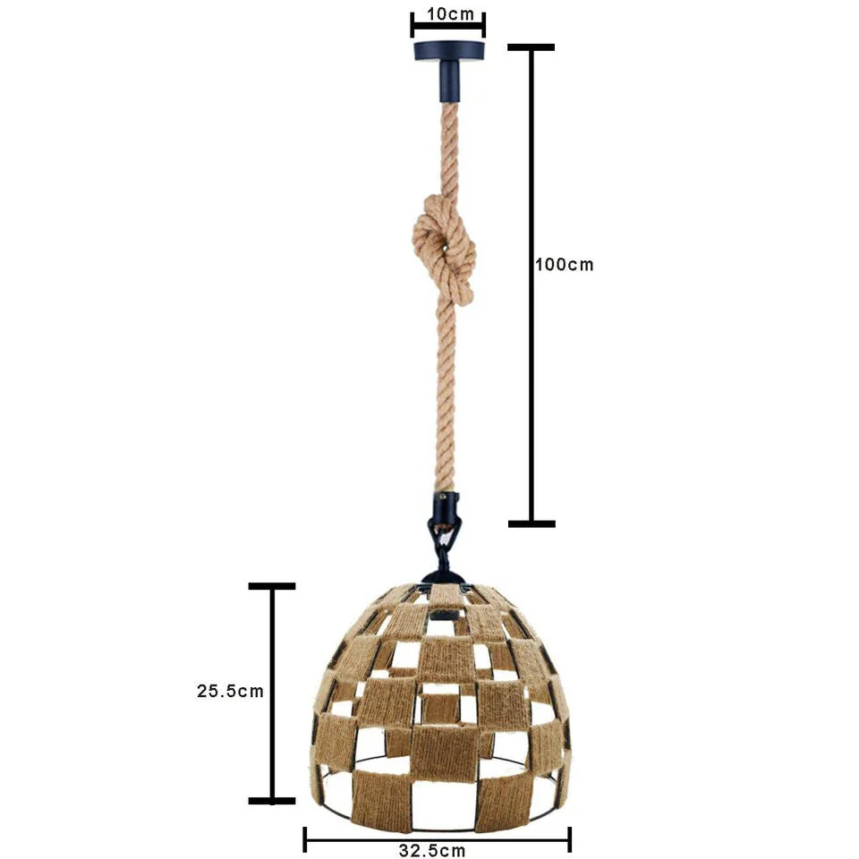 Modern industrial hemp rope pendant light with hand‑woven hemp cage, metal hook, E27 socket, dimmable, ceiling mounted.