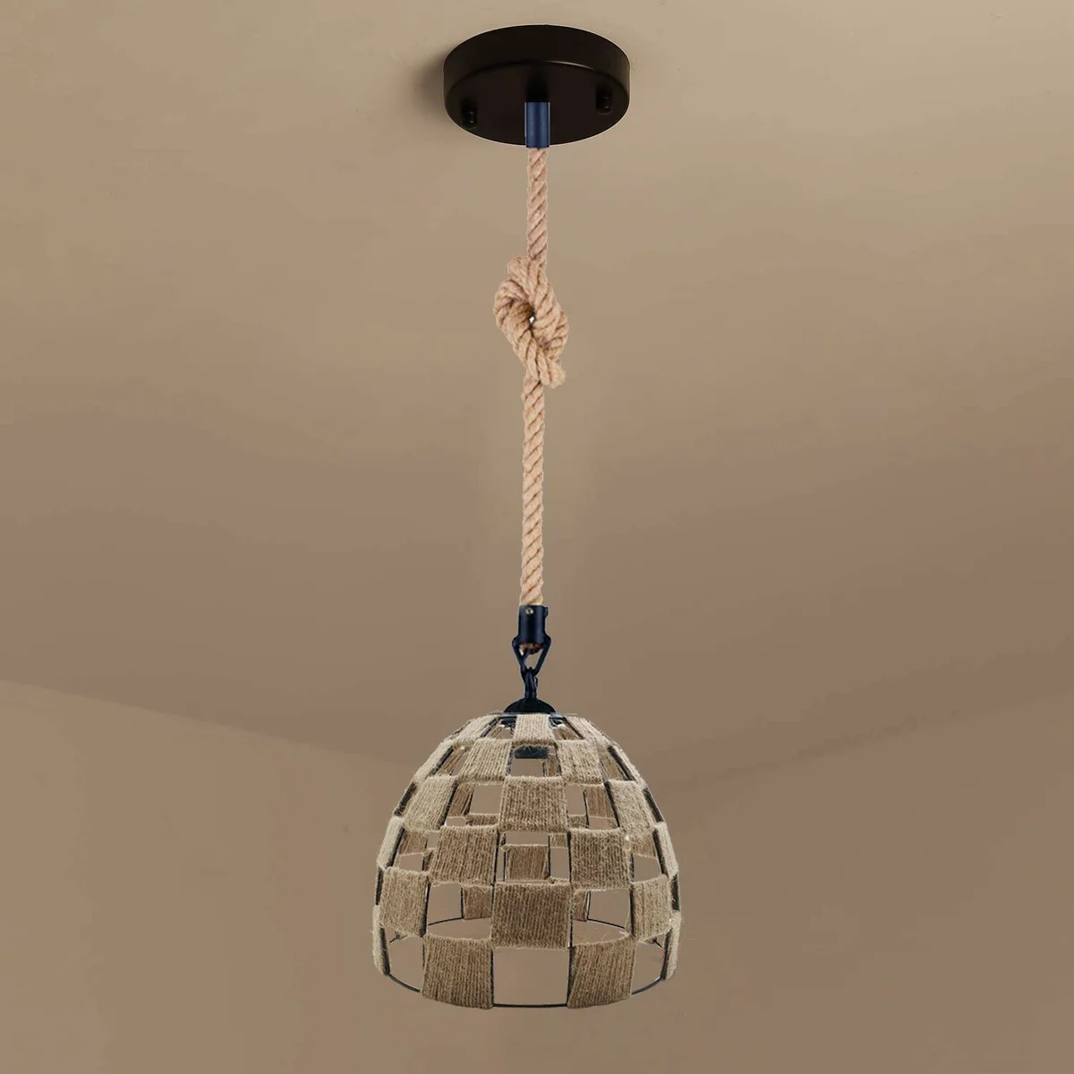 hemp rope pendant light with cage design, metal hook, hanging from ceiling in a modern indoor setting