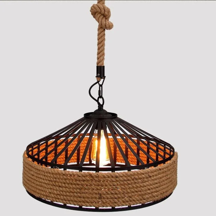 Hemp rope pendant light with woven hemp cage, metal hook, E27 holder, hanging above a dining table.