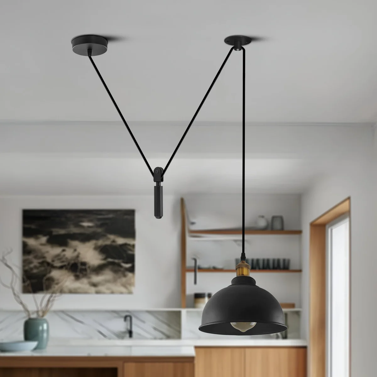 Black metal adjustable pendant ceiling light with 10 cm base, 21 cm wide shade and 195 cm hanging cord, styled industrial.