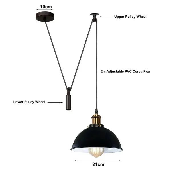 black metal ceiling light with industrial pendant style, 195 cm cable, 10 cm shade and black finish.