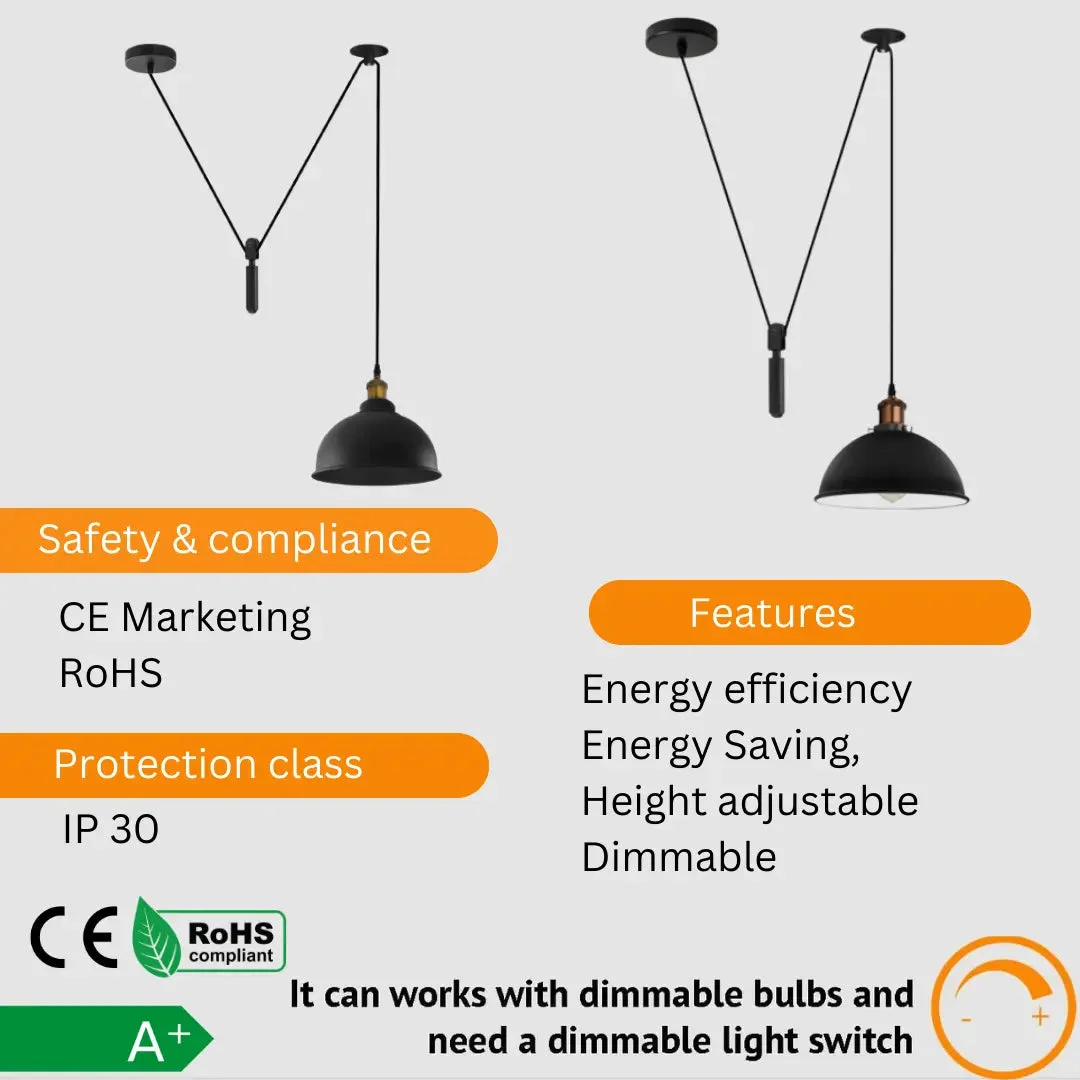 Black pendant lamp on adjustable metal chain, 10 cm base, 21 cm shade, and 200 cm cable.