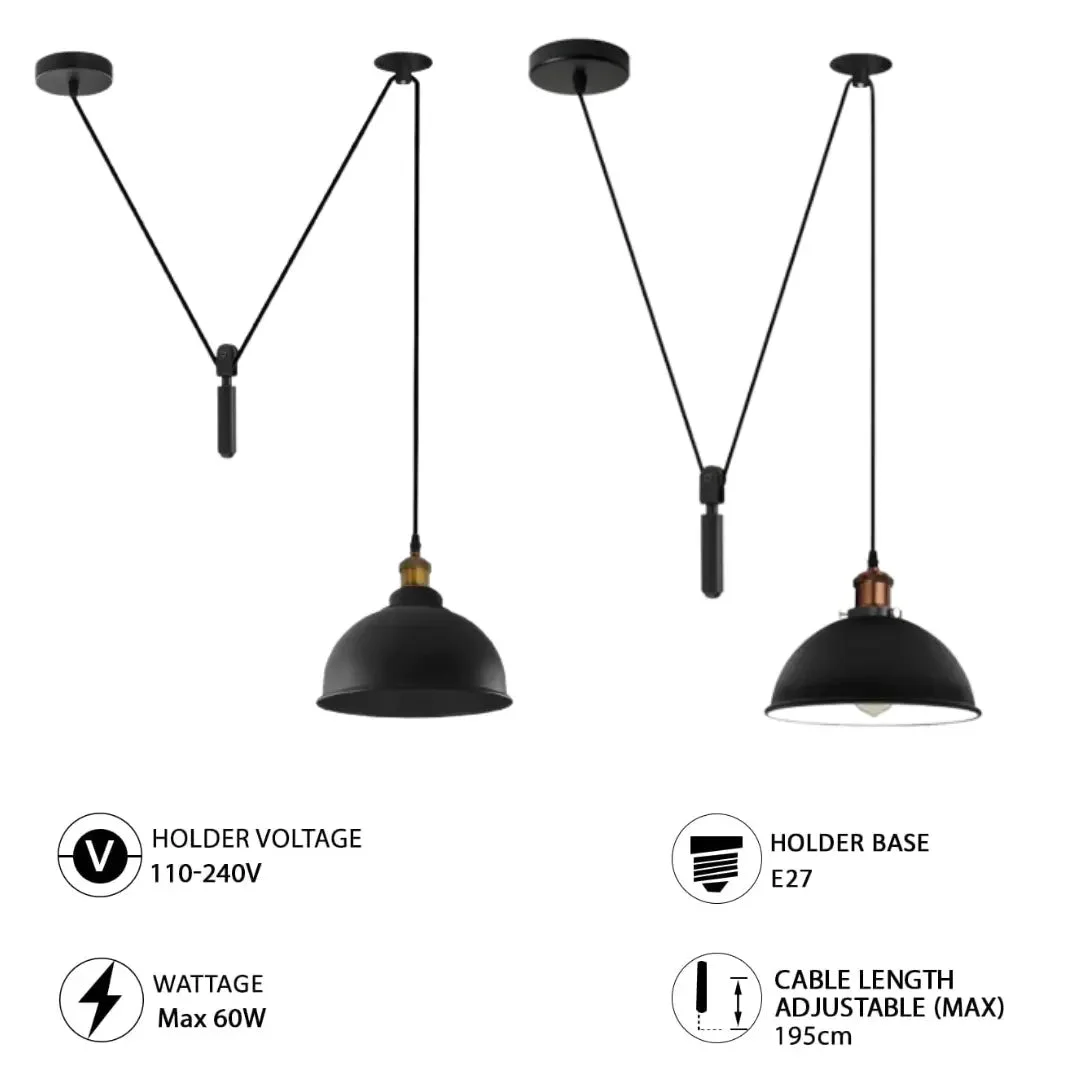 Black metal industrial pendant light with 10cm base, 21cm shade, suspended wire 195cm – a space saving pendant light