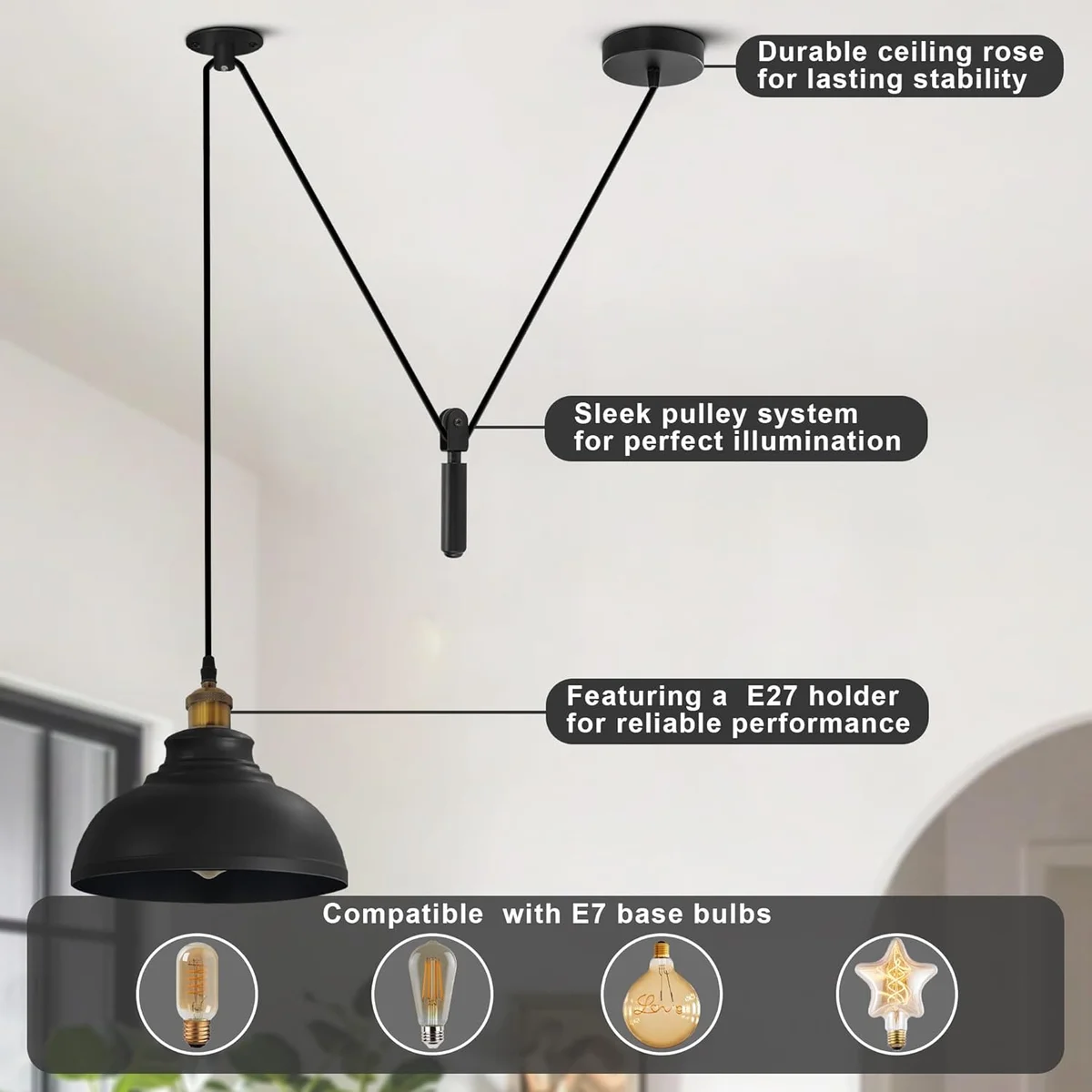 Black metal adjustable pendant ceiling light with wire suspension, circular shade and base displayed.