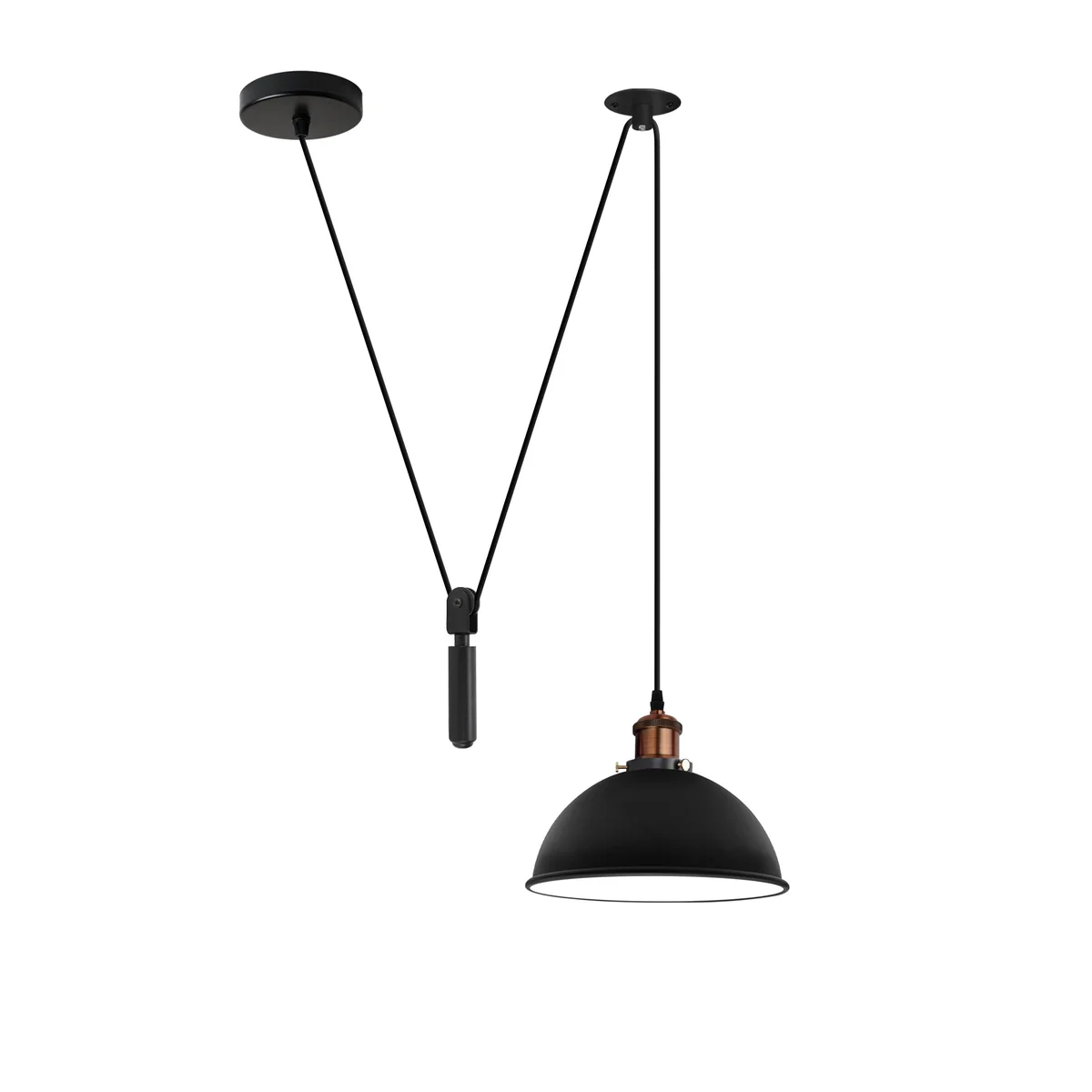 Black adjustable pendant ceiling light with metal frame, 195 cm cable, round shade, pulley system for height adjustment