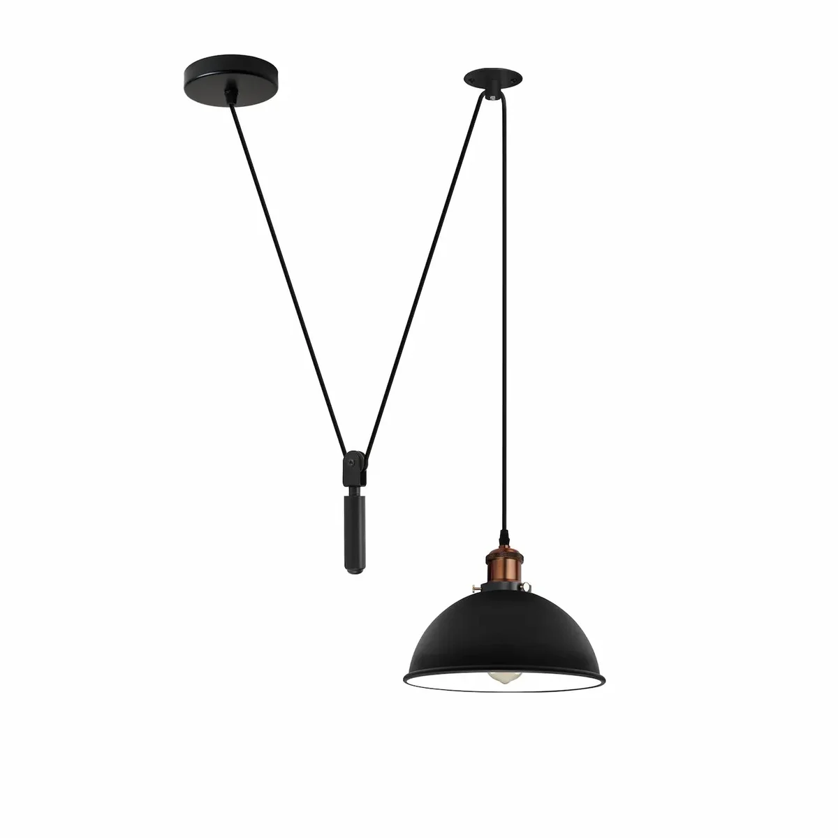 Adjustable pendant ceiling light, black metal industrial design, E27 holder, long cable, shade, pulley system.