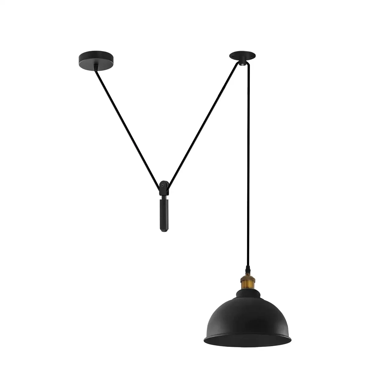 Black industrial adjustable pendant ceiling light with metal housing, round 21 cm shade, 195 cm cable and pulley wheels.