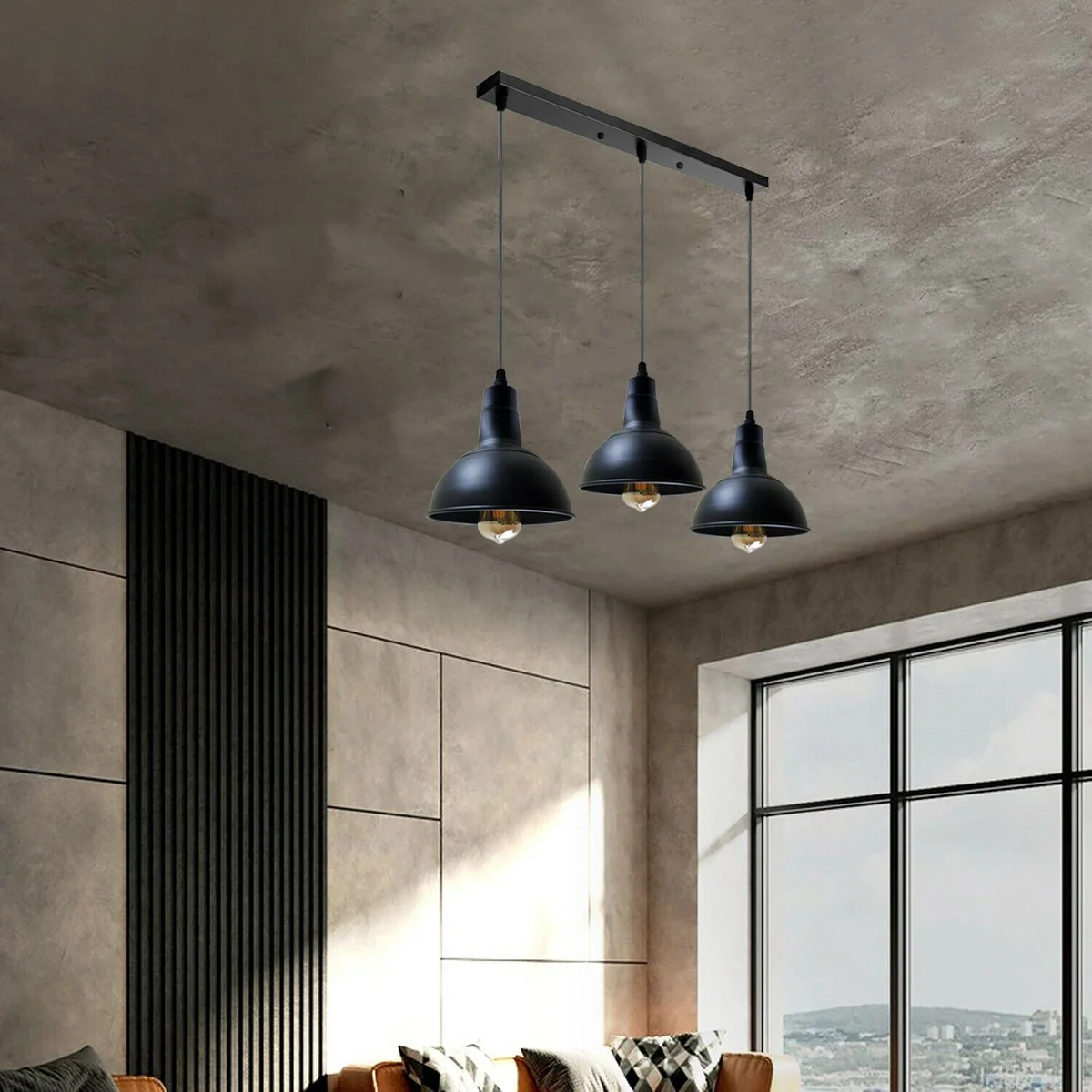 Black metal pendant light with industrial vintage shade hung from a metal ceiling rose, adjustable length, and E27 holder