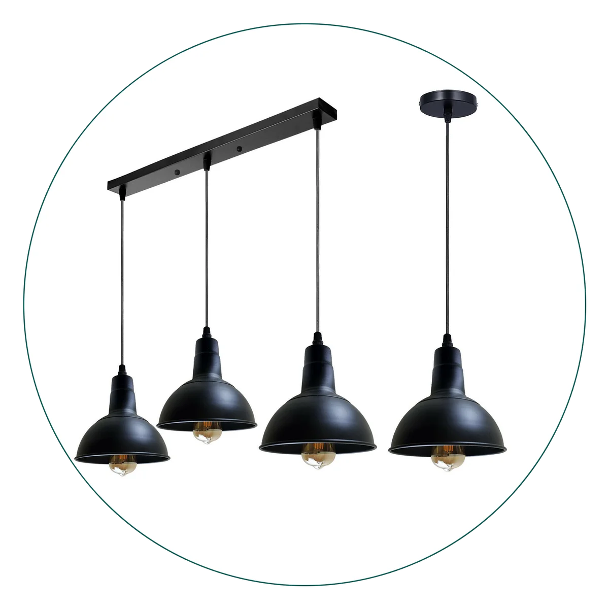 Black vintage metal adjustable cable pendant light with Edison-style filament bulbs, industrial chic design hanging low.