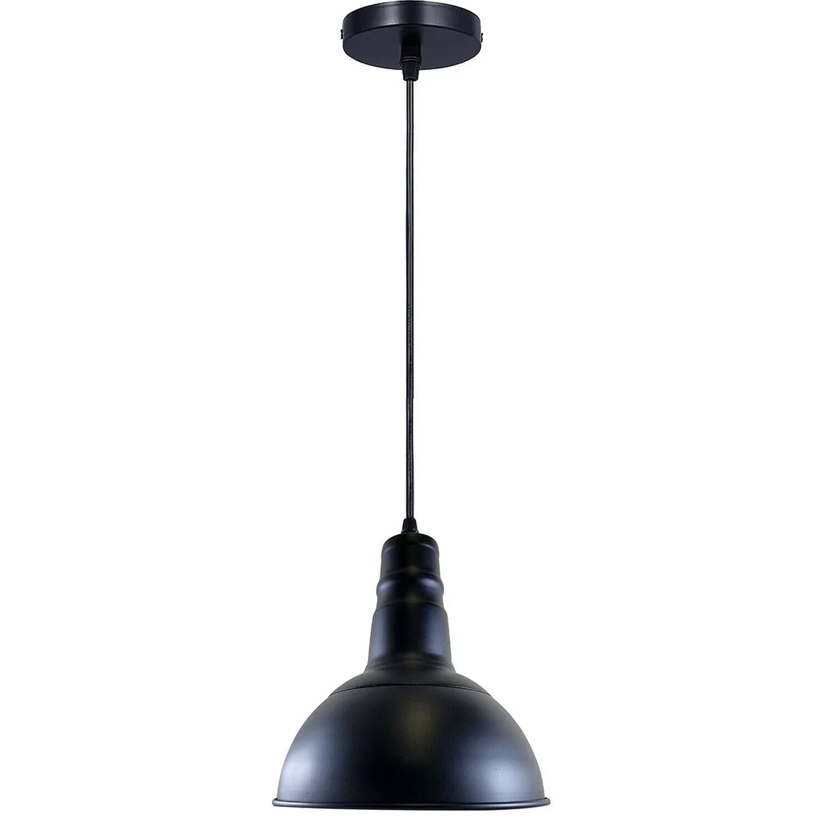 Black metal E27 bulb pendant light with PVC shade, adjustable length, 95 cm cable, ceiling rose and light holder.