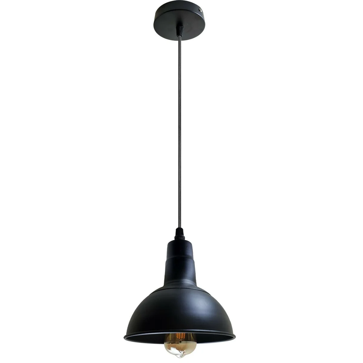 Retro industrial pendant light – black metal frame with PVC shade, 95 cm cable, hanging from wall.