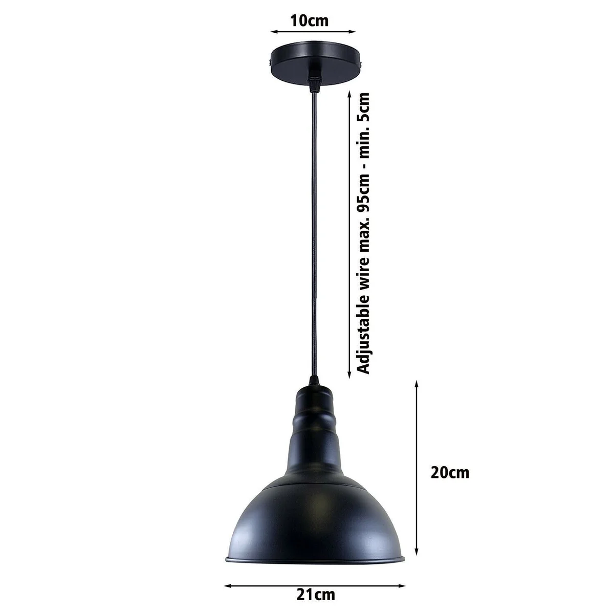 Black metal retro industrial pendant light with PVC shade, adjustable 95cm cable, single lamp structure