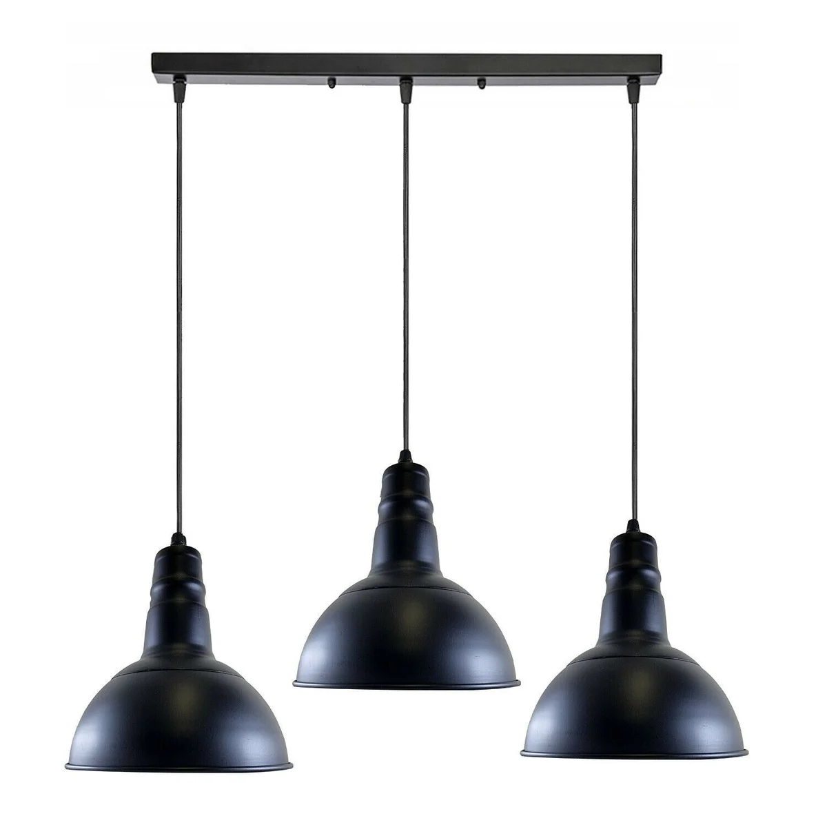 black metal and PVC retro industrial pendant light with 95cm cable, hanging from ceiling, Edison-style bulb holder.