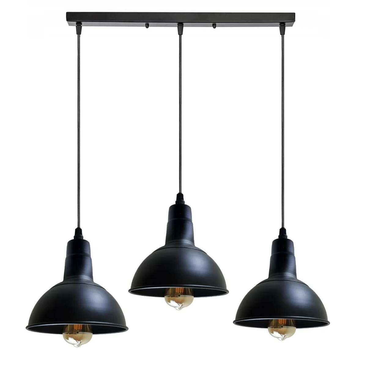 Retro industrial pendant light with black metal rectangular shade hanging from a ceiling rose on a 95cm cable.