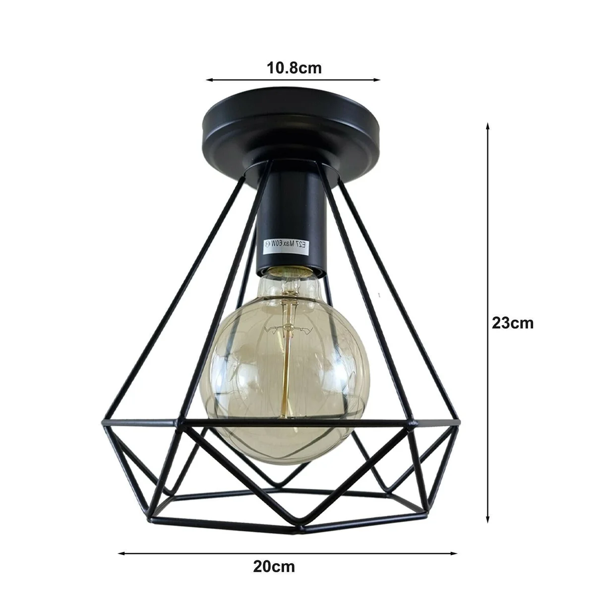 Black rose gold pendant light with cage shade, metal base, hanging over a ceiling.