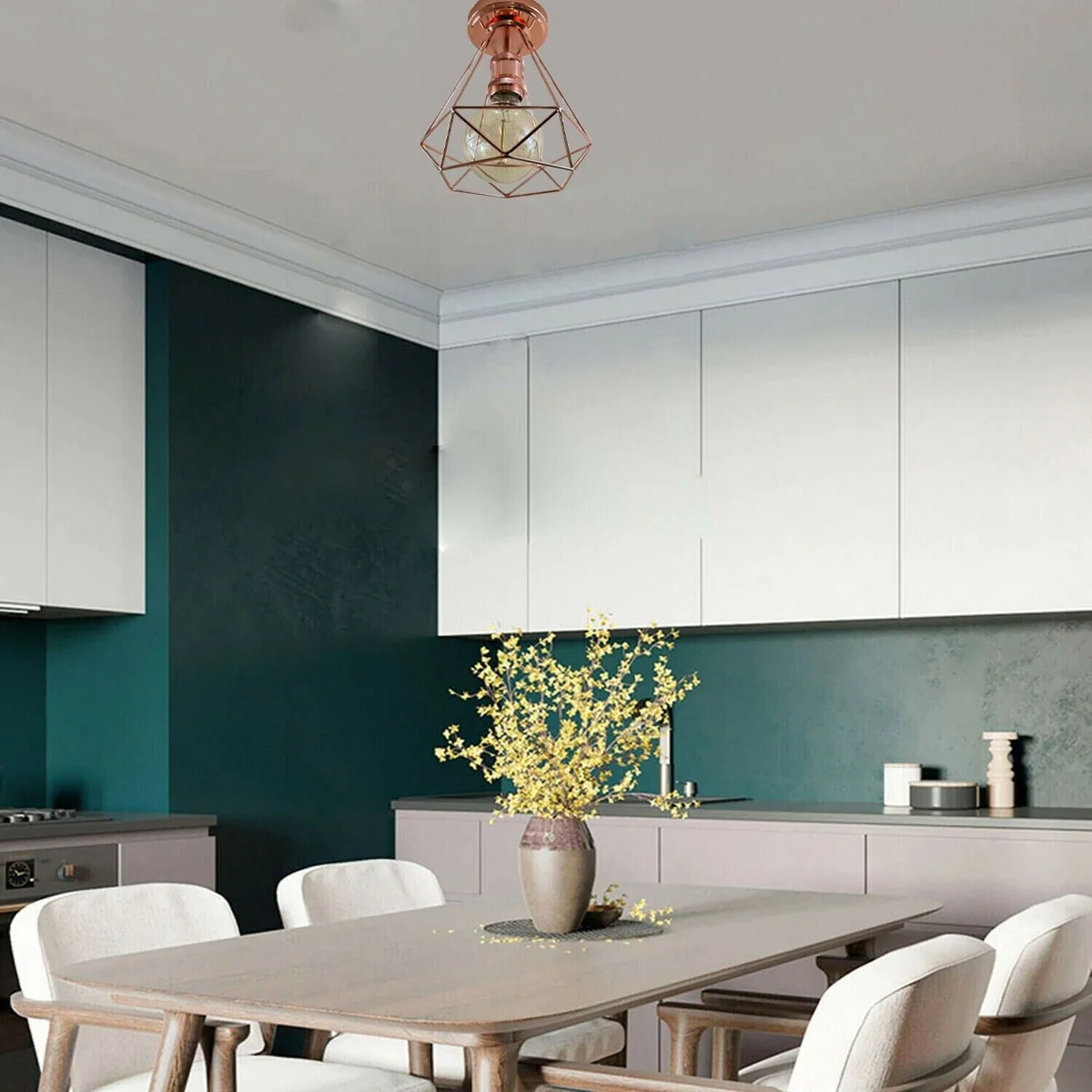 Flush mount ceiling light with black and rose gold cage shade, metal base, E27 socket, sleek design.
