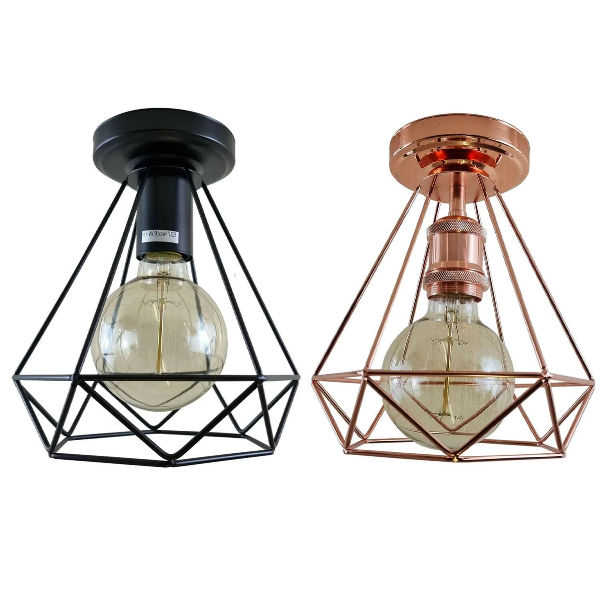 Black rose gold cage ceiling light with metal shade, E27 base, warm glow, studio setting.