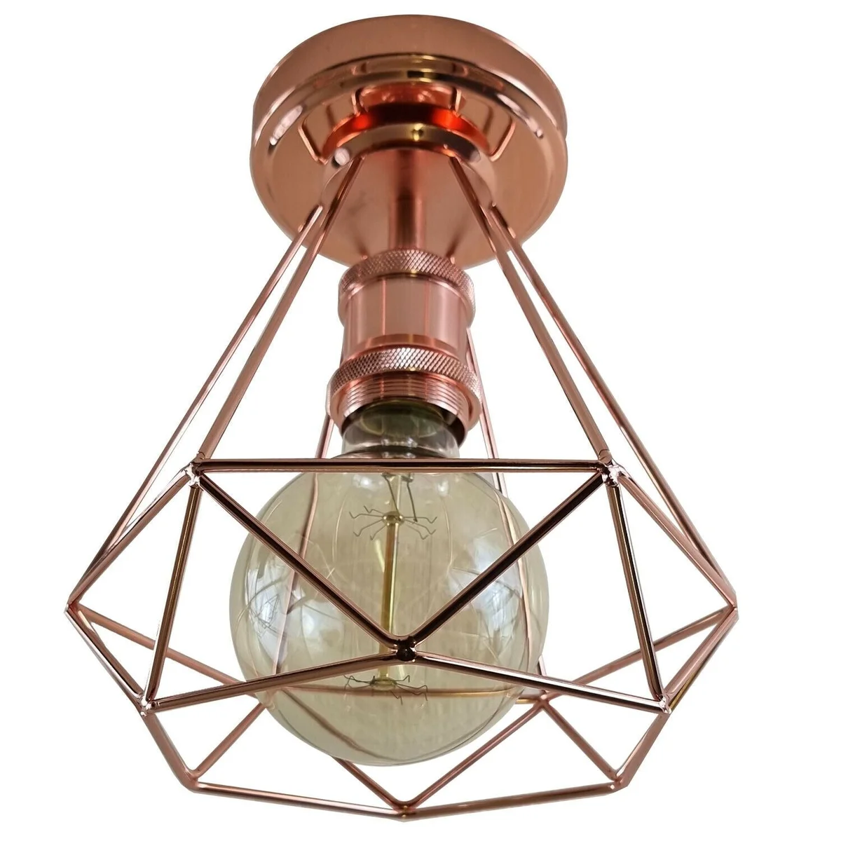 Black rose gold cage ceiling light with a sleek metal shade, mounted on an E27 base.