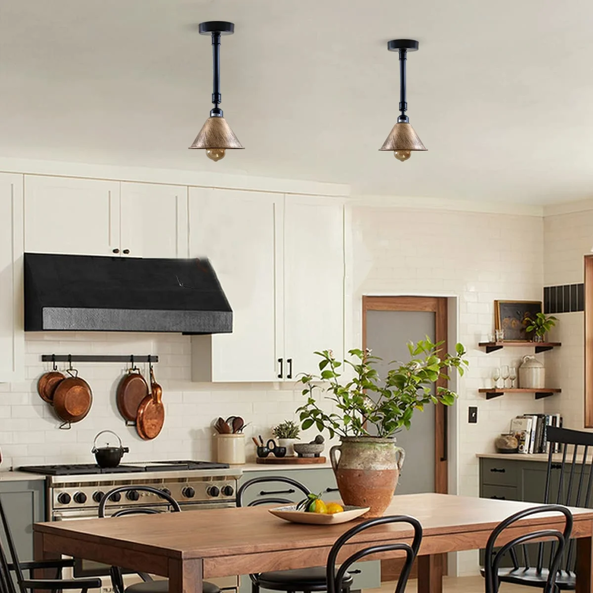 Brushed copper ceiling light with a metal shade, hanging from an iron base, ready for an E27 bulb.