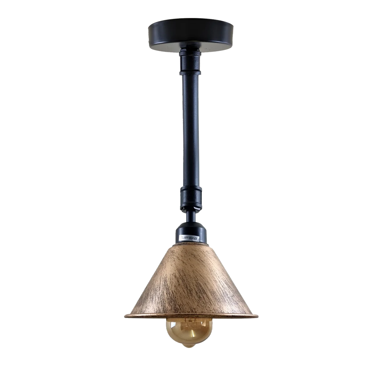 Iron ceiling lamp featuring retro metal lampshade with brushed copper finish, 10cm diameter black base