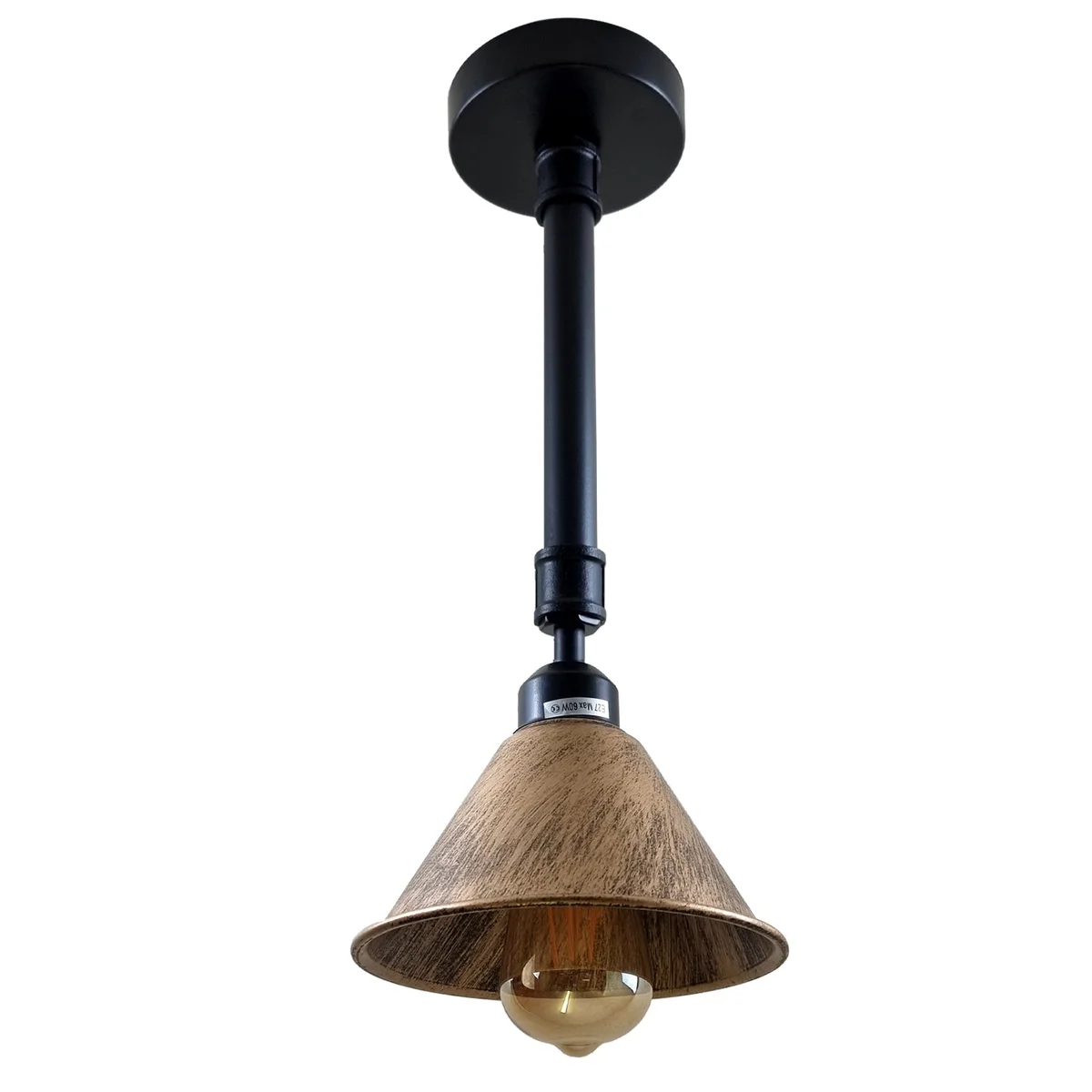 Rust colour ceiling lamp with brushed copper shade and iron frame, over E27 bulb.
