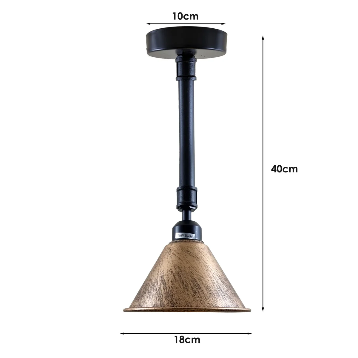 Brushed copper ceiling light with iron shade, black & antique rust finish, hanging on industrial ceiling.