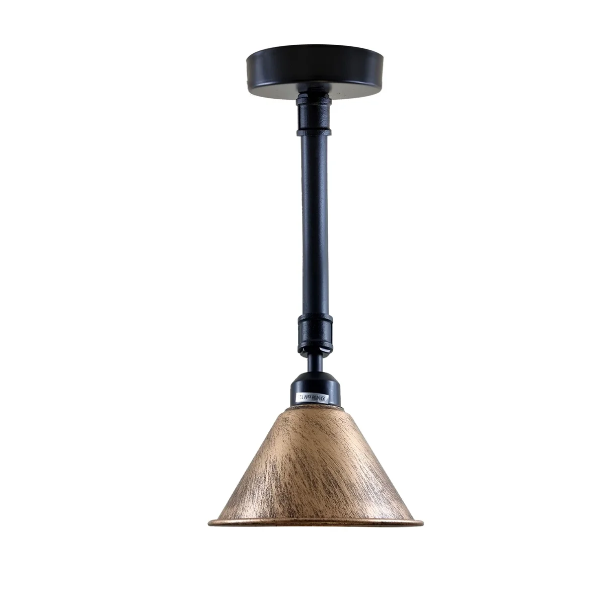 Brushed copper ceiling light with vintage industrial lampshade, hanging from ceiling, showing the iron base.