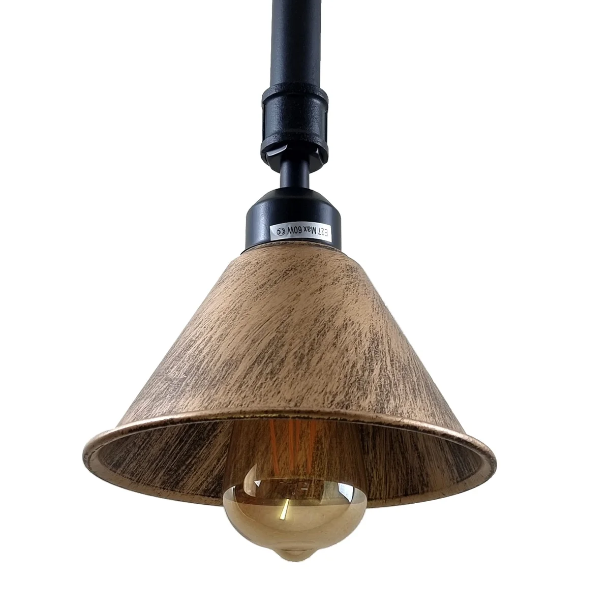 Brushed copper ceiling light with black metal frame and industrial shade, mounted on ceiling, rust finish, bulb not included