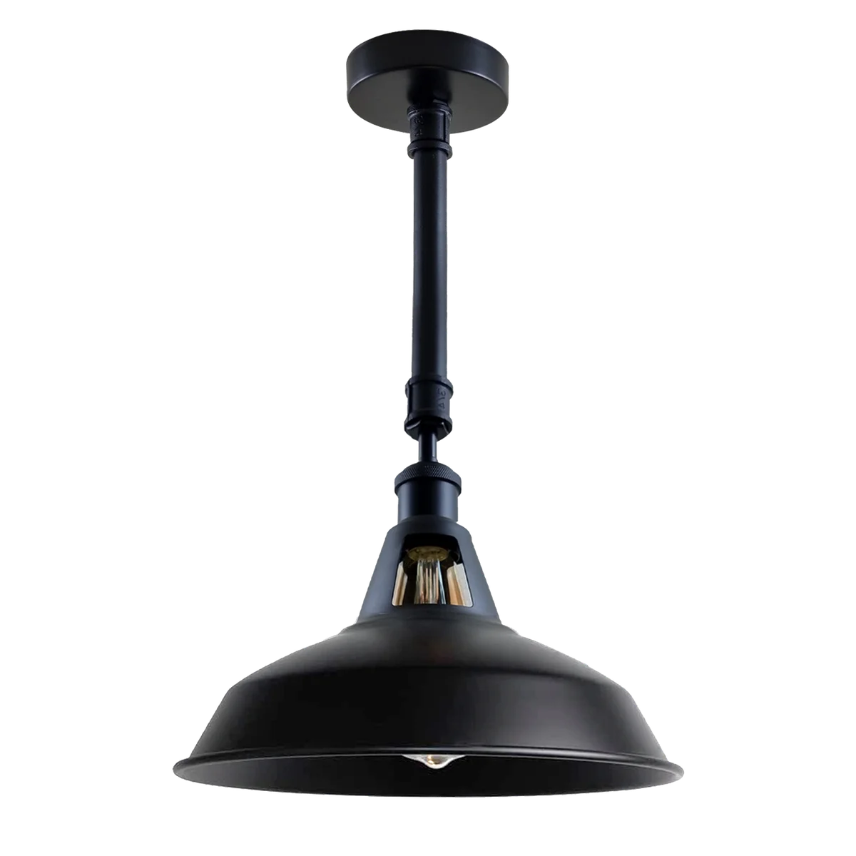 Black iron ceiling lamp with industrial retro lighting, circular metal shade, 10cm diameter, hanging above.