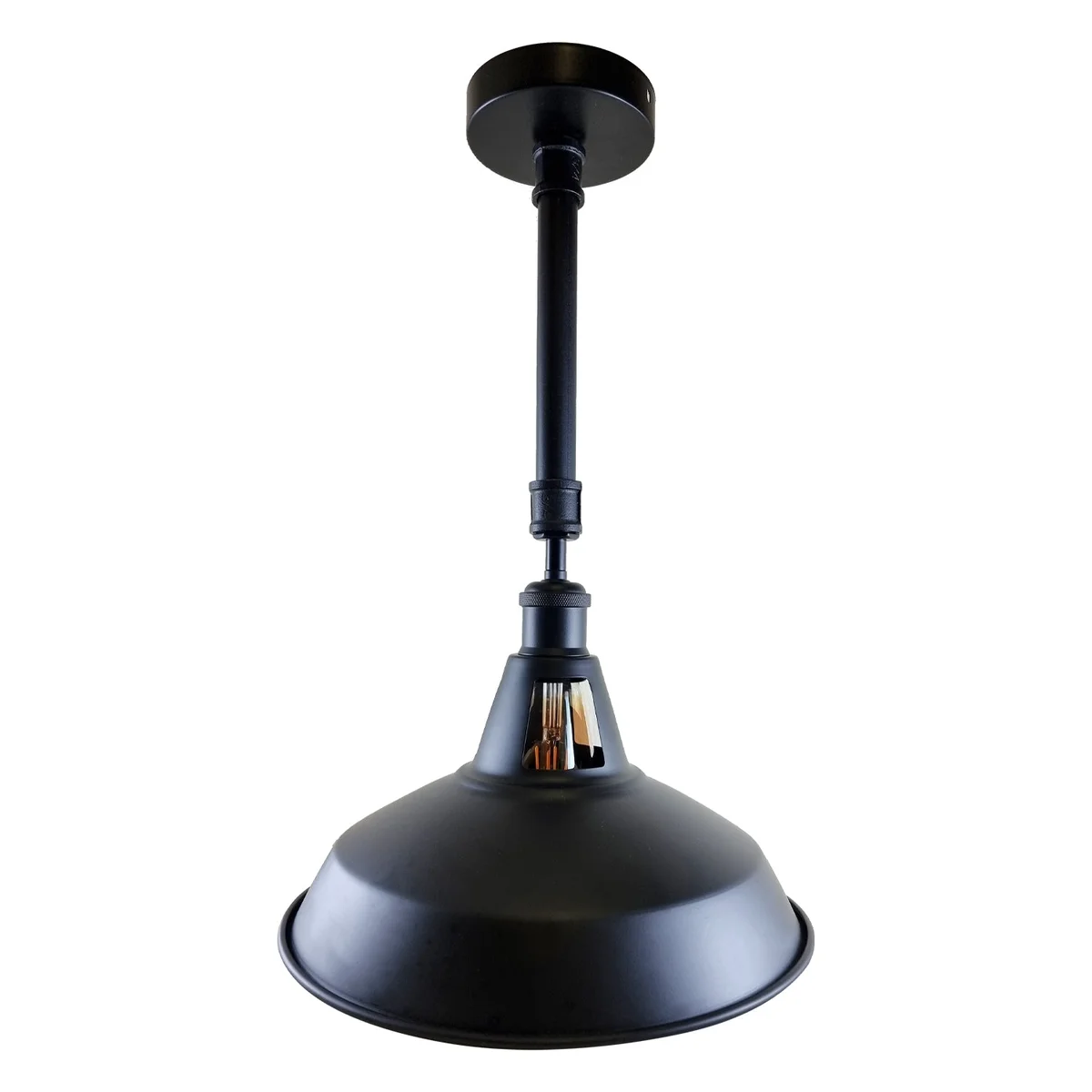 Black iron pendant light with industrial retro lampshade, mounted ceiling, fitting E27 bulbs.