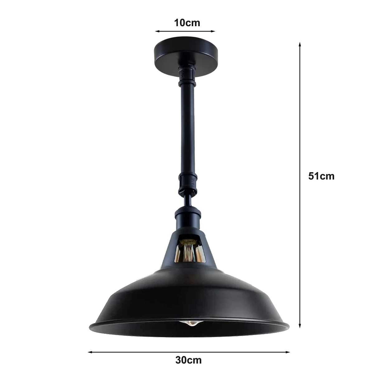 Black metal ceiling light with industrial retro iron shade, 10cm diameter, single E27 socket, mounted on ceiling