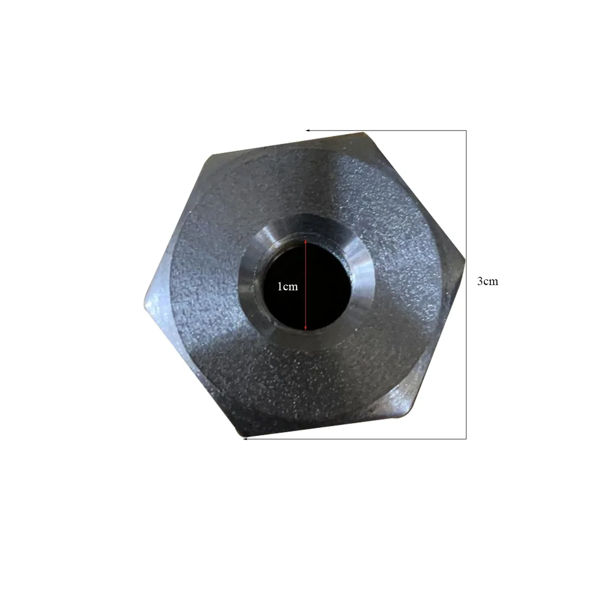 Malleable iron pipe light fitting nut with hexagonal body, 1cm inner diameter, 3cm outer hex size, displayed on flat surface.